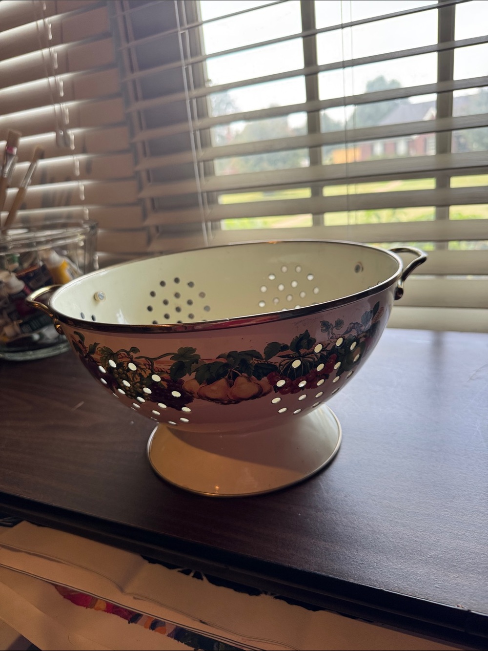 Decorative Cream and Copper Fruit-Pattern Enamel Colander